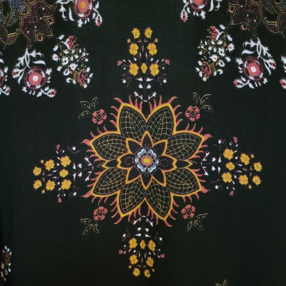 Angie Open Front Kimono Cardigan OS Floral Medallion Black Multi Boho Lagenlook - Picture 3 of 8